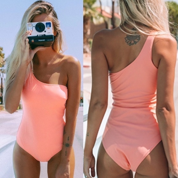 CUPSHE ONE SHOULDER AB31075M SALMON HIGH CUT ONE PIECE BATHING SWIMSUIT - Picture 1 of 16